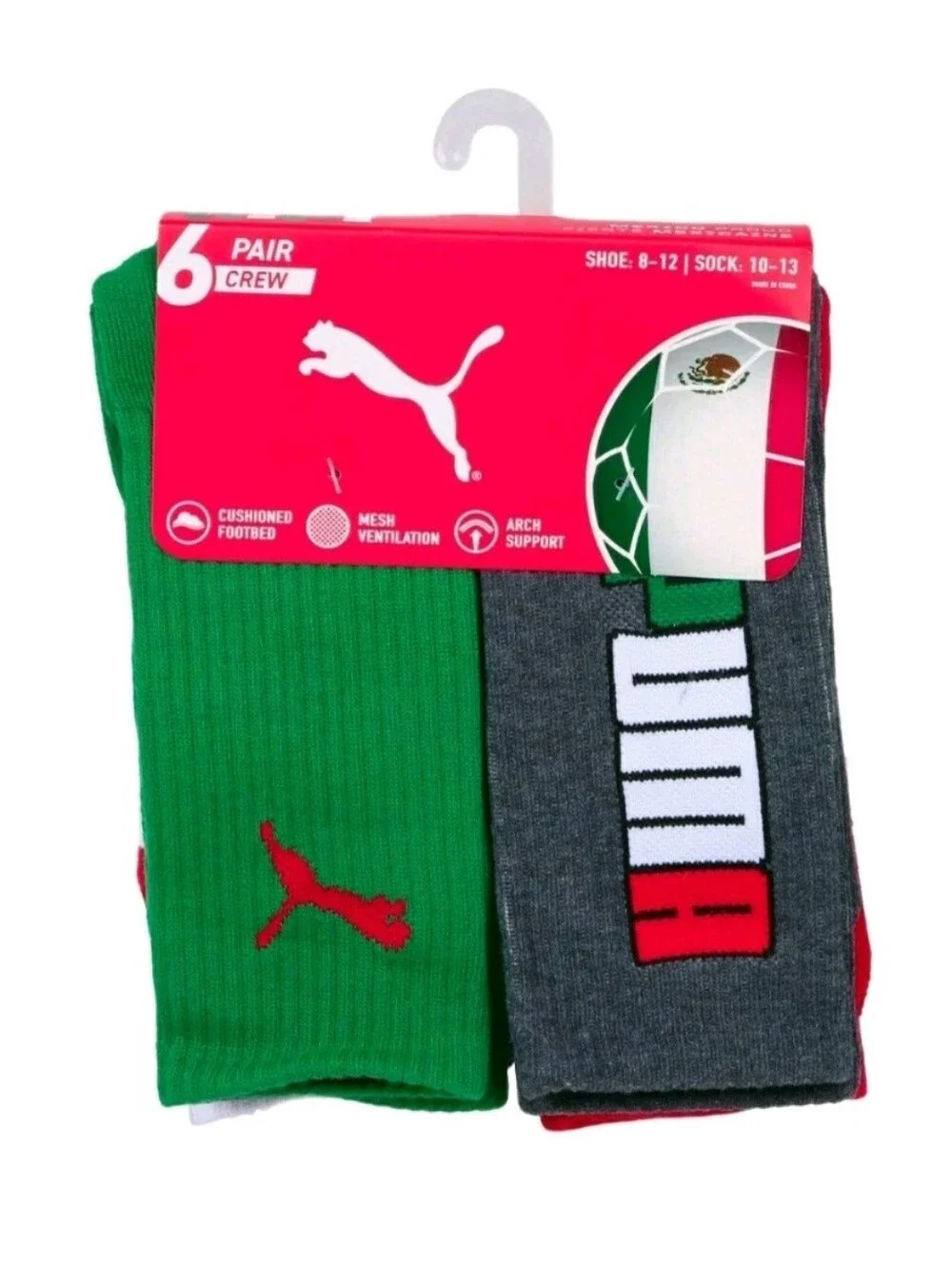 PUMA: MEN'S: (6) PACK: MEXICO: CREW SOCKS: SOCCER: SIZE: 10-12: BRAND NEW